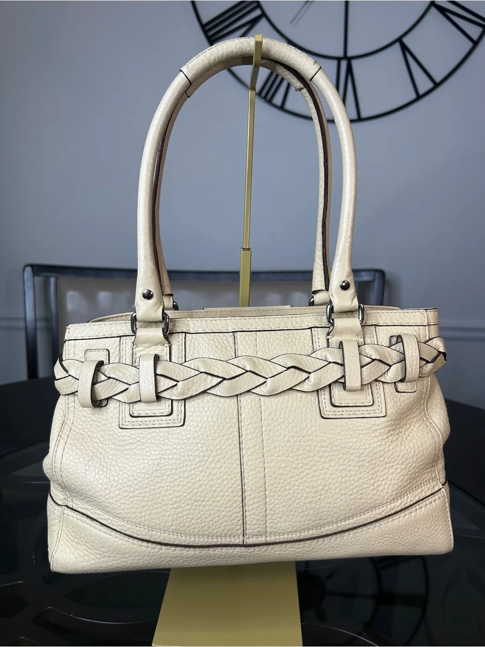 Y2K Coach Hamptons Leather Braided Horsebit Satchel Cream Beige Shoulder Bag